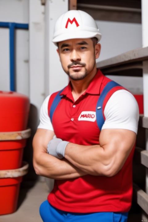  Blue eyes, brown hair, shirt, gloves, hat, male focus, white gloves, facial hair, brown shoes, chest muscles, red headwear, beard, workwear, Wearing work clothes with straps,Mario,asian,1boy,