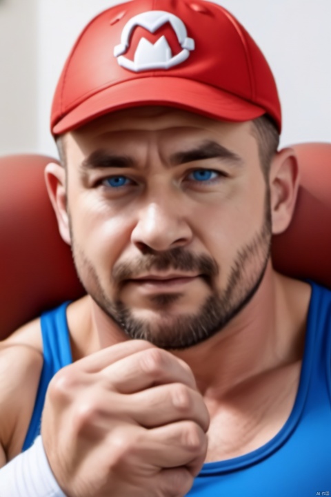 Blue eyes, brown hair, shirt, gloves, hat, male focus, white gloves, facial hair, brown shoes, chest muscles, red headwear, beard, workwear, Mario