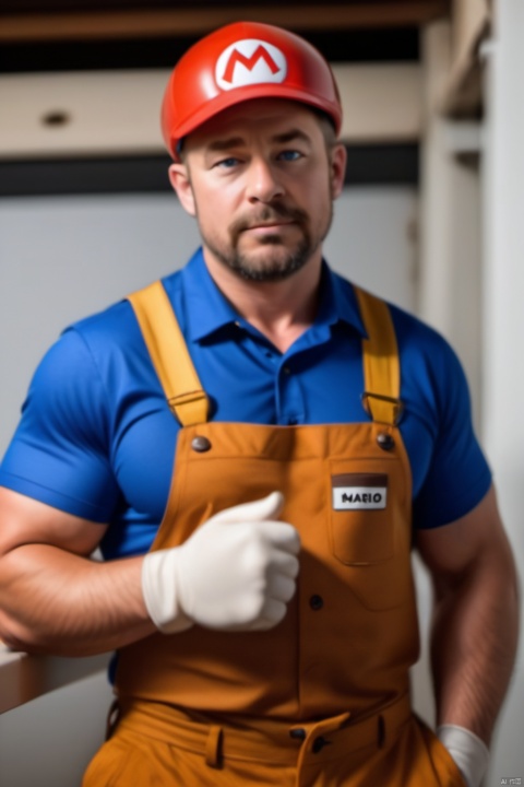 Blue eyes, brown hair, shirt, gloves, hat, male focus, white gloves, facial hair, brown shoes, chest muscles, red headwear, beard, workwear, Wearing work clothes with straps,Mario