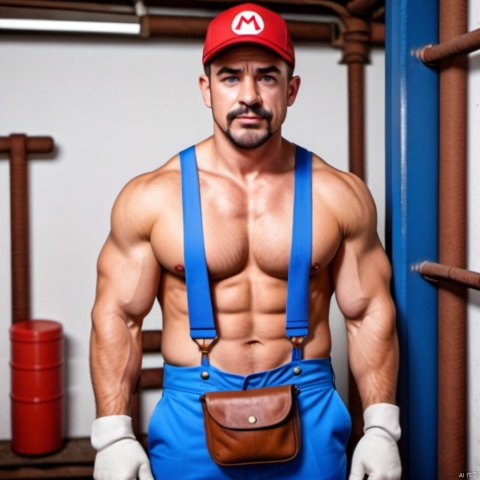 Mario, blue eyes, brown hair, shirt, hat, male focus, white gloves, facial hair, brown shoes, chest muscles, red hat, beard, wearing blue work clothes with straps, without wearing a shirt revealing chest muscles inside the work clothes with straps,