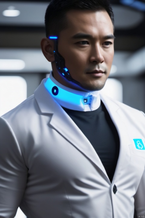 Android, Biotime, Asian male, with a blue glowing circular small switch button on the right side of the brain:1.2, wearing a black and white biomimetic robot cotton uniform.