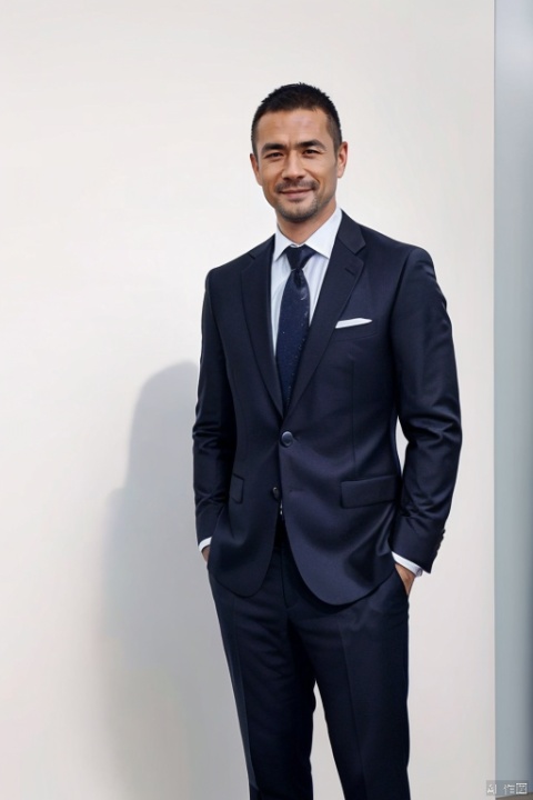 solo, Business man, （40 y.o.), 40 years old, 40-year-old man in China, mature, stable, gentle, smile,Formal wear, tie, sophisticated, stylish, handsome male, white background, Standing, facing the camera, full face, full body, Silverjoe