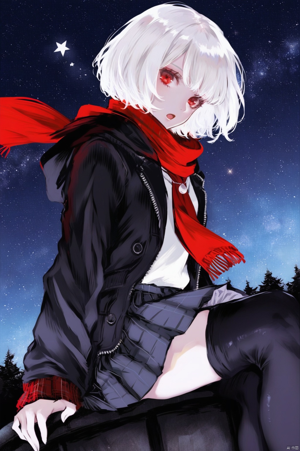 1girl, solo, looking at viewer, short hair, open mouth, skirt, red eyes, thighhighs, jewelry, sitting, jacket, white hair, pleated skirt, black thighhighs, hood, necklace, scarf, plaid, plaid skirt, star \(sky\), pendant, red scarf