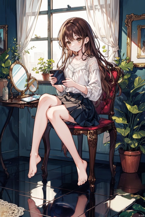 1girl, solo, long hair, brown hair, holding, sitting, barefoot, indoors, feet, legs, bare legs, chair, phone, cellphone, smartphone, reflection, holding phone, mirror,skirt, indoors, legs, loafers, lace trim, lace,, fine fabric emphasis