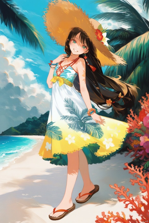  A young girl with healthy skin and flowing long hair Wearing a brightly colored dress adorned with tropical floral patterns unique to Sanya Donning a Hainan Li-style straw hat decorated with seashells, coral, and other oceanic elements Wrist adorned with several colorful Lijin (traditional Li brocade) bracelets, showcasing the beauty of traditional craftsmanship Feet clad in comfortable flip-flops, with silhouettes of iconic Sanya landmarks painted on the top Standing on a pristine white sandy beach, against a backdrop of azure sea, lush coconut trees, and scattered coral reefs Her face radiates a friendly, confident, and hospitable smile The overall image is vibrant and lively, exuding the joyful atmosphere of a tropical island paradise This vivid and energetic image of a beach girl aims to fully represent Sanya's natural scenery and cultural characteristics while embodying the youthful creativity and vitality of the Hainan Creative and Cultural Week. Let's look forward to seeing the stunning images you generate using AI models!
