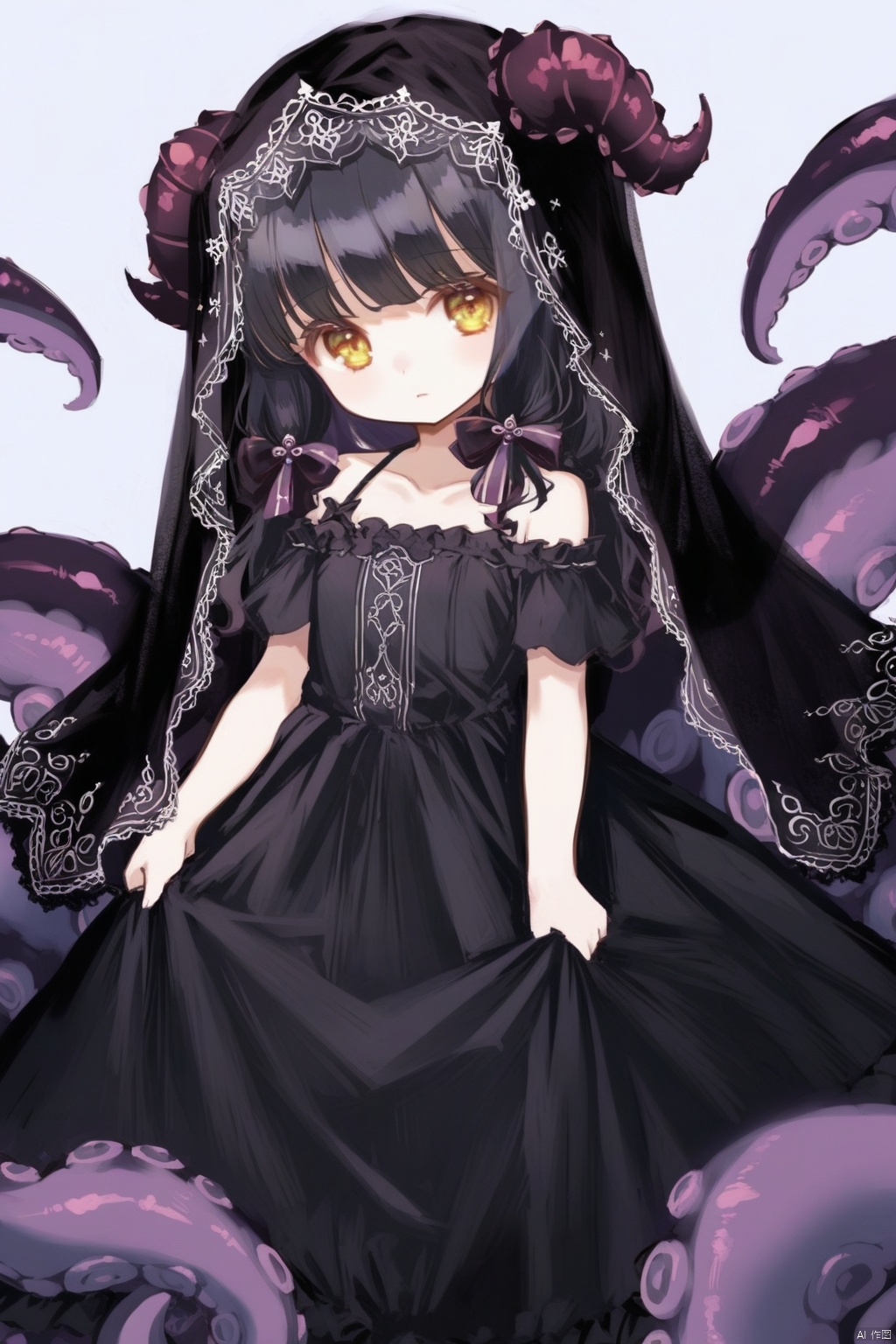 loli,petite,1girl, dress, solo, black_hair, horns, tentacles, long_hair, black_dress, looking_at_viewer, veil, bare_shoulders, yellow_eyes, closed_mouth, standing, long_dress, collarbone