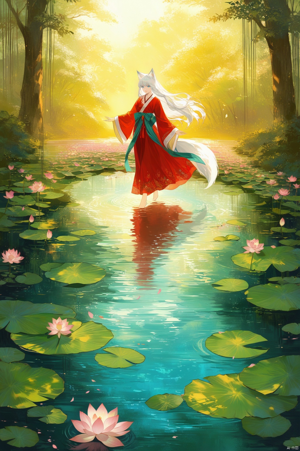 (a mythical scene:1.2), a digital artwork portraying a mesmerizing setting where a white-haired fox girl with captivating blue eyes, dressed in a vibrant red hanfu, walks along a path surrounded by blooming lotus flowers, (highly detailed:1.1), showcasing the intricate patterns of the hanfu and the delicate beauty of the lotus petals, (serene ambiance:1.2), immersing the viewer in a realm of tranquility and grace, (fox-like elegance:1.1), as the fox girl moves with a graceful and ethereal presence, (soft sunlight:1.1), filtering through the foliage, casting a warm glow on her flowing white hair and the surrounding lotus flowers, (dynamic composition:1.1), capturing the enchanting allure of the white-haired fox girl as she strolls through the serene beauty of the lotus-filled path, inviting viewers to enter a mythical world where a captivating fox girl in a red hanfu finds solace and harmony amidst the blooming lotus flowers, and embark on a journey of wonder and enchantment., colors