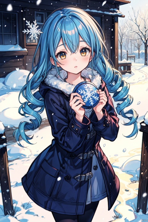  moments stretch and twist, turning a hurried walk into an eternity of swirling flakes. (masterpiece, detailed artwork), Snowflakes,1girl, golden eyes, sleepy, blush, (detailed lips), (cute winter coat, knitted winter coat), layla, twin drills, drill locks, blue hair, jewelry, sleepy eyes, Snow, snowflakes,masterpiece