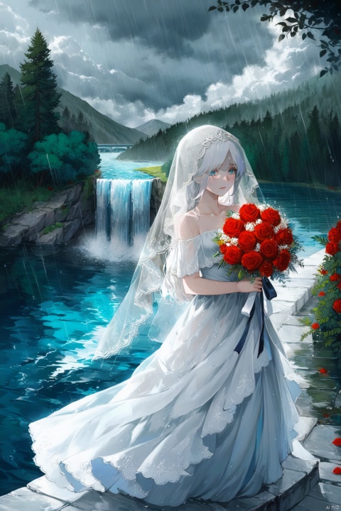  masterpiece,best quality,1girl,bare shoulders,white hair,veil,blue eyes,very long hair,crying,bouquet,cloudy,dress,flower,holding,holding bouquet,lake,looking at viewer,nature ,outdoor,red flower,rose,solo,standing,tree,water,drops,waterfall,moist sky,cloudy sky,building,raining