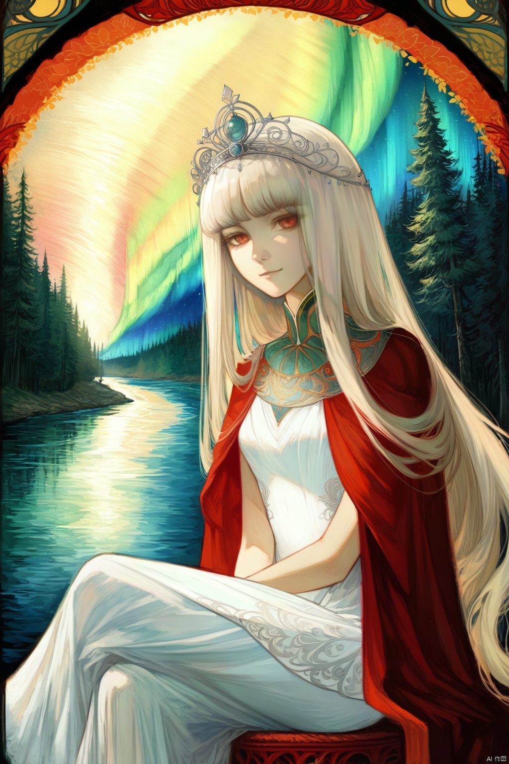  (masterpiece, best quality), 1girl, solo, (the empress:1.15), platinum blonde, long hair, (red cape), Curtain, white dress, queen dress, aurora, (sunshine, sky, river, forest), expressionless, red eyes, very long hair, (art nouveau:1.2), alphonse mucha, tiara, (face focus, upper body), sit, (red throne:1.12), tiara, crossing legs, highly intricate details, realistic light, smile
