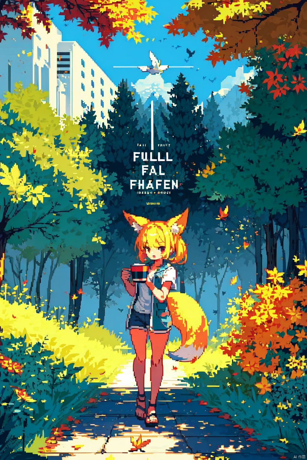  ((pixelart)),1girl, solo, looking at viewer, sitting, fox ears, full body, strappy heels,plaid shirt, short sleeves,jacket, bow, bangs, low ponytail, blonde hair fox tail, fox girl, kitsune, ((autumn, outdoors, day, forest, falling leaves, bird, leaf)), (fog, dyntall effect), (wide shot, panorama, full body, depth of field),(movie poster,english text),(Flagstone road,branches), colors, ((pixelart)), backlight