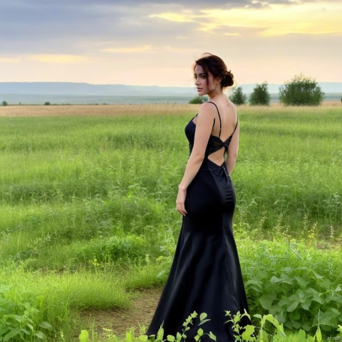  elegant woman in a black evening gown standing in a field, overcast sky, dusk, solitary and mysterious atmosphere, graceful yet melancholic posture, high-quality digital photography, soft lighting, outdoor, natural landscape, dramatic, emotional tension, best quality, ultra highres, original, extremely detailed, perfect lighting, Dasha Taran