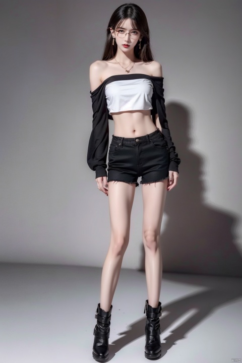  1girl,solo,navel,midriff,boots,looking at viewer,full body,jewelry,standing,earrings,off shoulder,black hair,nail polish,crop top,black footwear,fishnets,shorts, eyeglasses, , ((poakl))