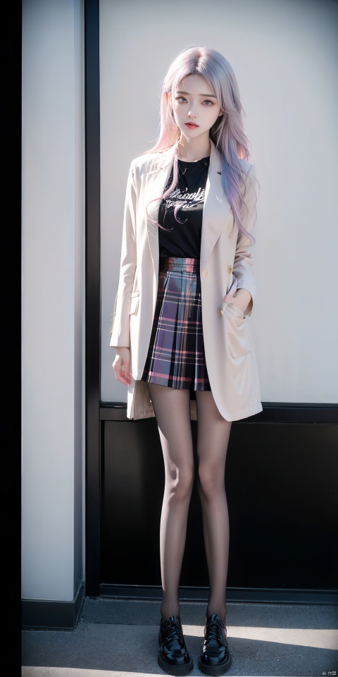  Sunshangxiang,1girl,solo,long hair,skirt,purple hair,multicolored hair,coat,pink footwear,personification,long sleeves,shoes,jewelry,gradient hair,looking at viewer,pink hair,boots,, (raw photo:1.2),((photorealistic:1.4))best quality,masterpiece,illustration,an extremely delicate and beautiful,extremely detailed,CG,unity,8k wallpaper,Amazing,finely detail,masterpiece,best quality,official art,extremely detailed CG unity 8k wallpaper,absurdres,incredibly absurdres,huge filesize,ultra-detailed,highres,extremely detailed,beautiful detailed girl,cinematic lighting,1girl,pale skin,tall female,(perfect body shape),skinny body,Slender legs, caiyi, black pantyhose