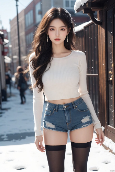  1girl,asian,(detailed background, outdoor,highly detailed background,flying snow,), colorful hair,arrings, parted lips, realistic, female focus, masterpiece,high resolution,1girl,ultra-detailed,extreme detailed, gradient,detailed eyes, mature female, (wide hips), thighhighs,chubby legs,sweater, ,jewelry,eyeshadow,earrings,puffy cloth,jean shorts, (highest detailed hair) ,full body, stunning colors, bold colors,hard light