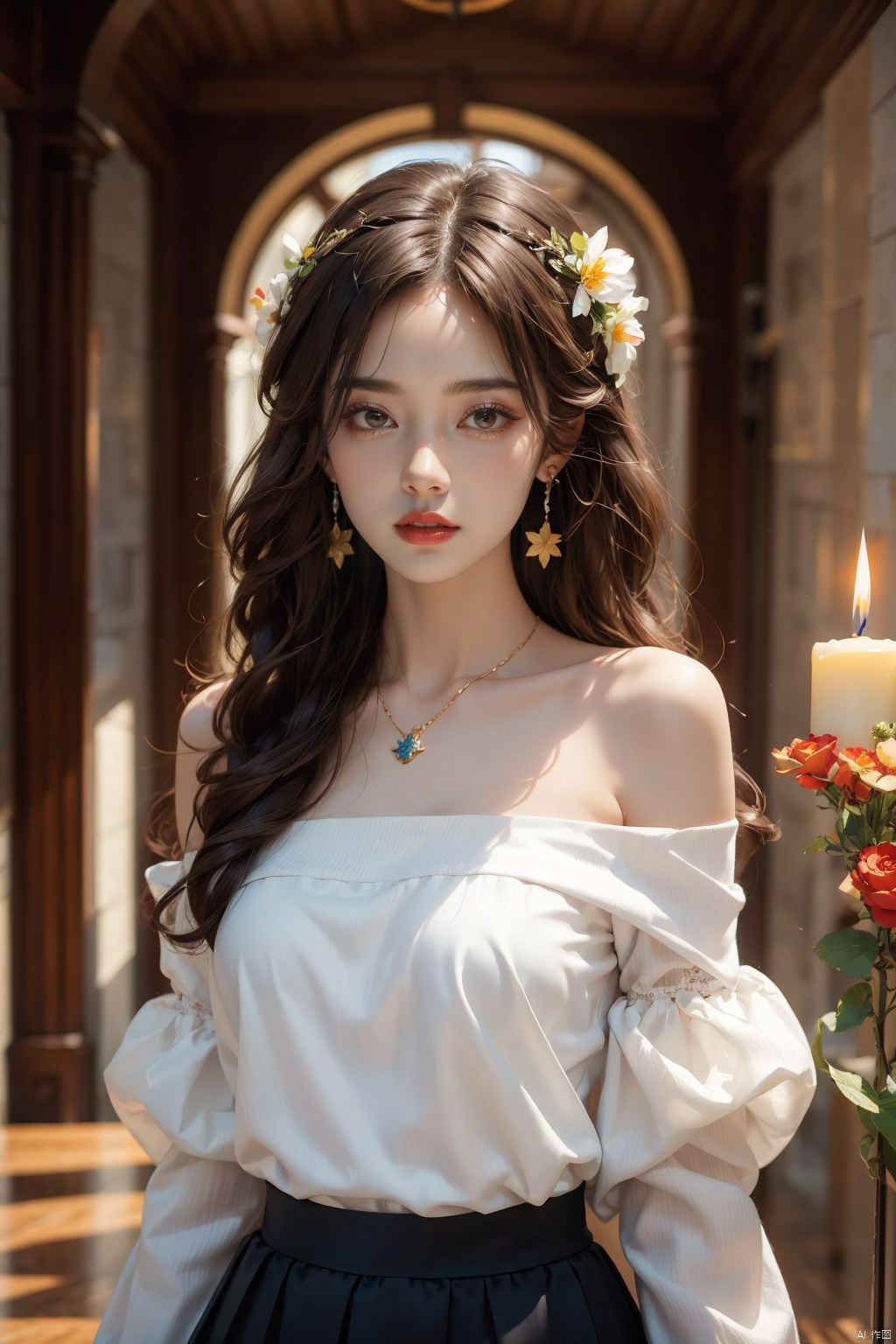  1 girl, jewelry, solo, earrings, long hair, forehead markings, black hair, necklace, bare shoulders, flowers, red lips, hair flowers, upper body, skirt, off shoulder, facial markings, head down, makeup, lips, candles, collarbones, long sleeves, tears streaming down, crying, Tyndall effect, 8k, large aperture, masterpiece of the century, sit, maple leaf, doorway, corridor, Sun on face, (\meng ze\)