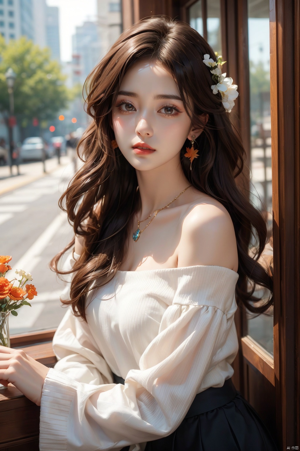  1 girl, jewelry, solo, earrings, long hair, forehead markings, black hair, necklace, bare shoulders, flowers, red lips, hair flowers, upper body, skirt, off shoulder, facial markings, head down, makeup, lips, candles, collarbones, long sleeves, tears streaming down, crying, Tyndall effect, 8k, large aperture, masterpiece of the century, sit, maple leaf, doorway, corridor, Sun on face, (\meng ze\)