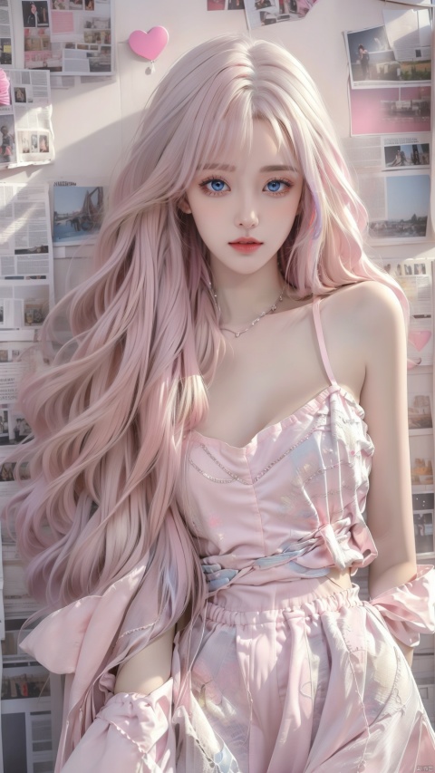  1girl,message hair,(oval face:1.2),lipgloss,the background is a white wall covered with newspapers and stickers,tiled background,(white_skin:1.4),indoor,roomi,the white wall,long hair,decorations,ribbon trim,neon,embellished costume,ornament,close_mouth,(happy_valentine:1.2),ornament,loose belt,(baby face:1.2),pose for the mirror,having a dual tone hair blend of light blue and light pink,(with long bangs covering one eye:1),eye_contact,glint,8k,masterpiece,best quality,Girl's face,makeup,fundoshi,mascara,(colored_eyelashes:1.1),,(The upper body includes the thighs:1.4), (((big breasts:1.2)))