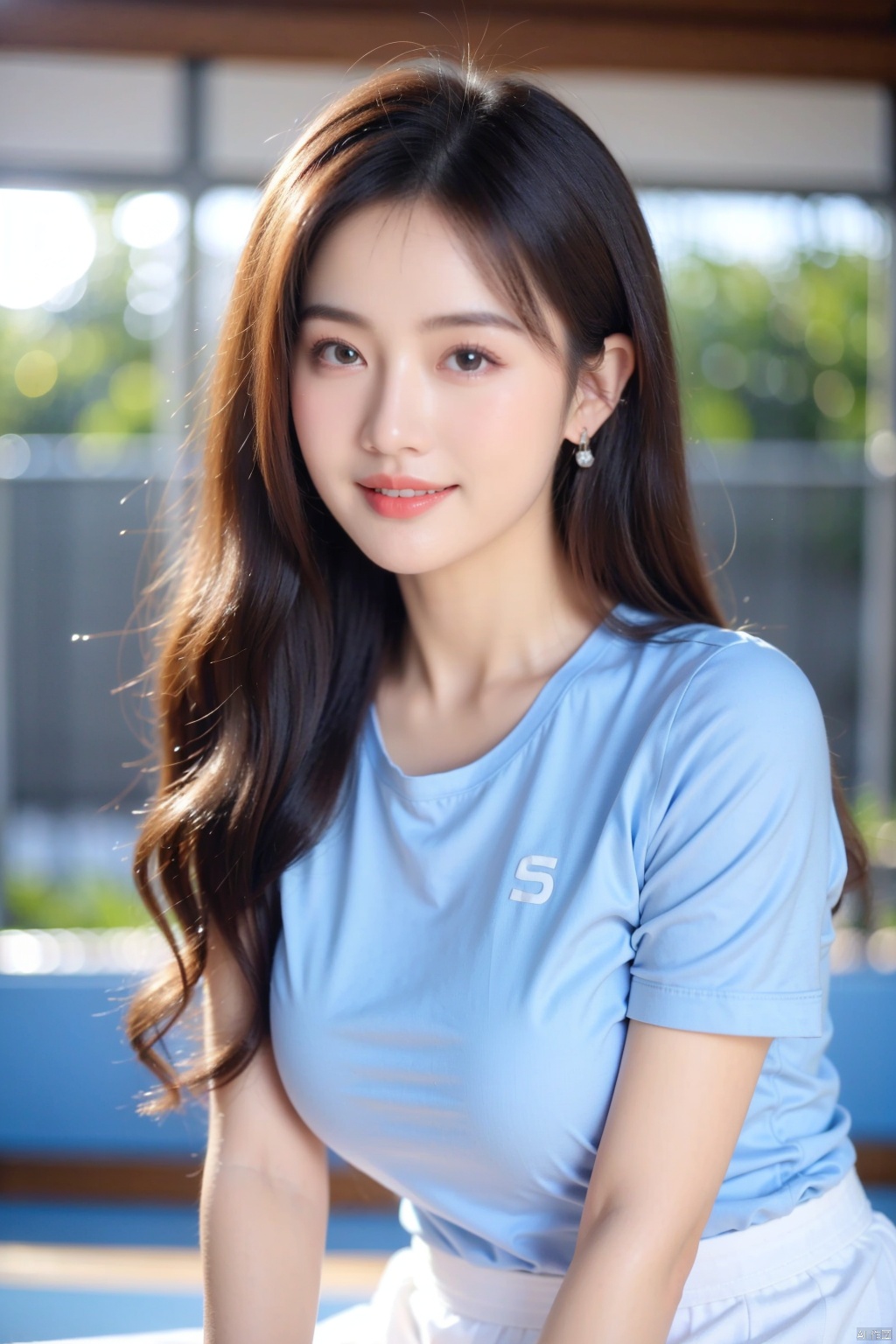  1girl,wangqiu,blue shirt,blurry , blurry background , lens flare , light rays , lips , looking at viewer, medium breast, short sleeves ,smile, solo , sportswear , standing , tennis court , uniform, white skirt , wind ,