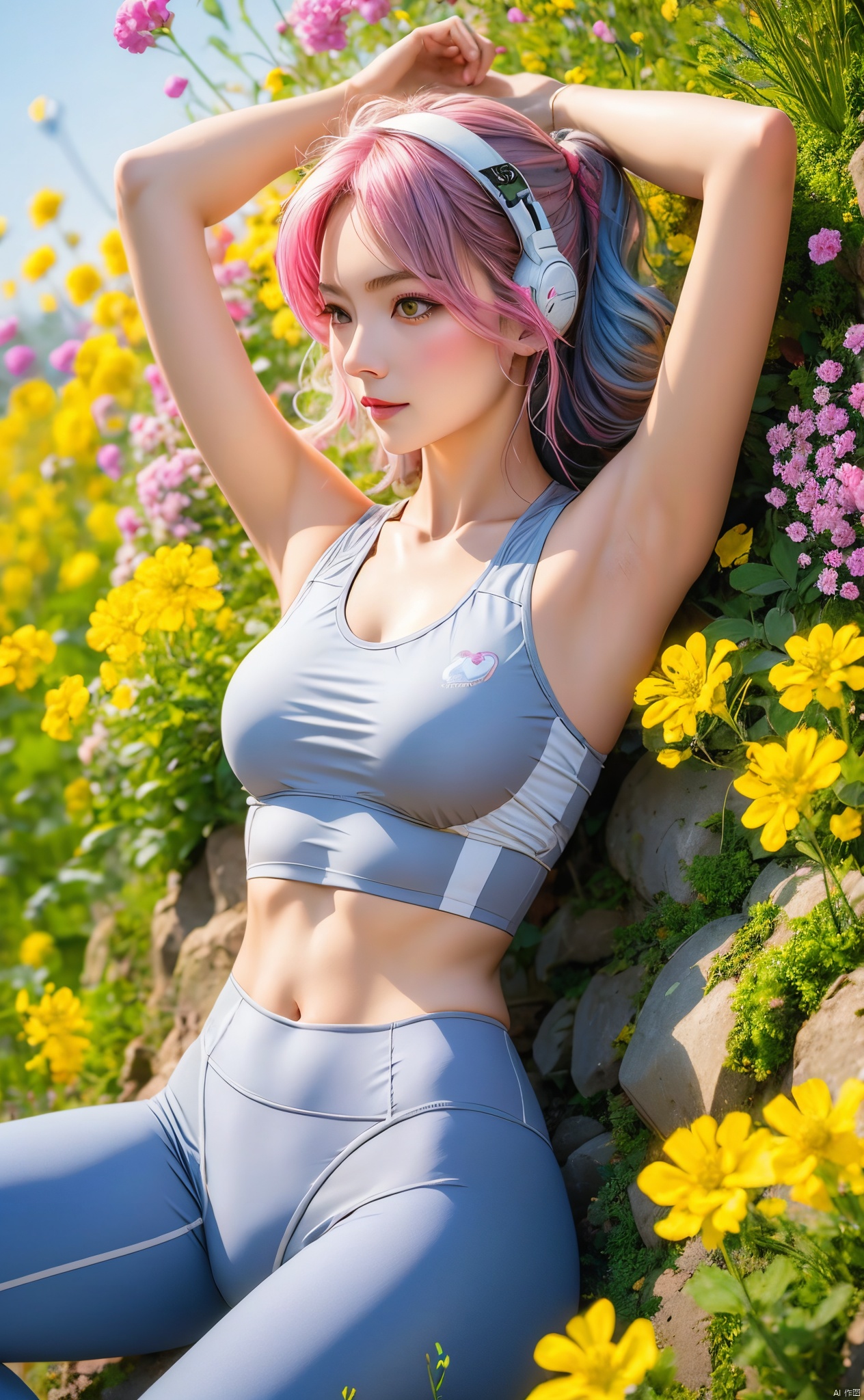  1 girl, (light gray yoga suit) , multi-colored hair, pink hair, butterfly headband, white electric sports headset, (rape flower) , sea of flowers, body, lie down, navel, white transparent skin, seen from above, represented by Hearts, decorated with blue hearts, using lots of hearts, using lots of blue hearts as background, using lots of yellow, using lots of yellow flowers, soft light, masterpiece, best quality, 8K, HDR,