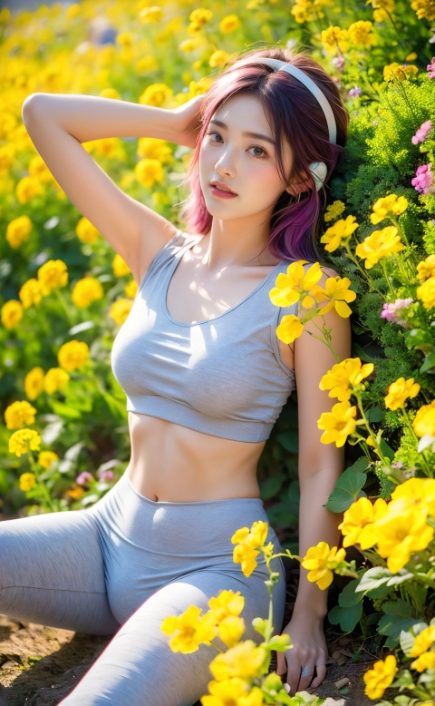  1 girl, (light gray yoga suit) , multi-colored hair, pink hair, butterfly headband, white electric sports headset, (rape flower) , sea of flowers, body, lie down, navel, white transparent skin, seen from above, represented by Hearts, decorated with blue hearts, using lots of hearts, using lots of blue hearts as background, using lots of yellow, using lots of yellow flowers, soft light, masterpiece, best quality, 8K, HDR,