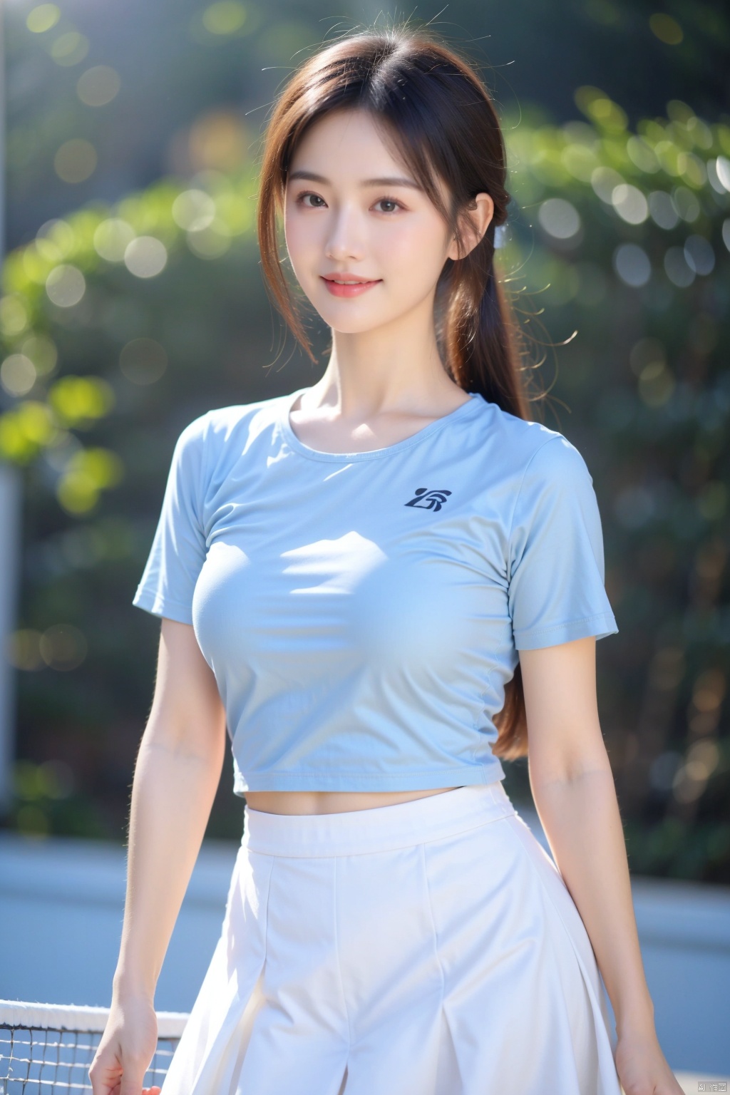  1girl,wangqiu,blue shirt,blurry , blurry background , lens flare , light rays , lips , looking at viewer, medium breast, short sleeves ,smile, solo , sportswear , standing , tennis court , uniform, white skirt , wind ,