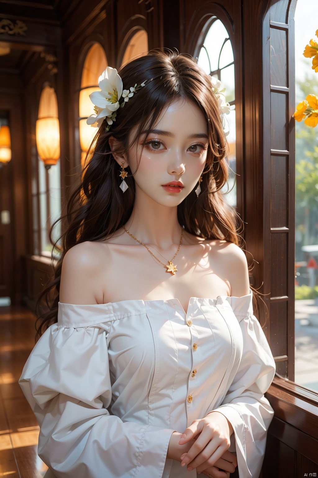  1 girl, jewelry, solo, earrings, long hair, forehead markings, black hair, necklace, bare shoulders, flowers, red lips, hair flowers, upper body, skirt, off shoulder, facial markings, head down, makeup, lips, candles, collarbones, long sleeves, tears streaming down, crying, Tyndall effect, 8k, large aperture, masterpiece of the century, sit, maple leaf, doorway, corridor, Sun on face, (\meng ze\)