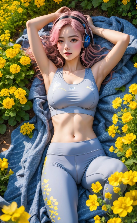  1 girl, (light gray yoga suit) , multi-colored hair, pink hair, butterfly headband, white electric sports headset, (rape flower) , sea of flowers, body, lie down, navel, white transparent skin, seen from above, represented by Hearts, decorated with blue hearts, using lots of hearts, using lots of blue hearts as background, using lots of yellow, using lots of yellow flowers, soft light, masterpiece, best quality, 8K, HDR,