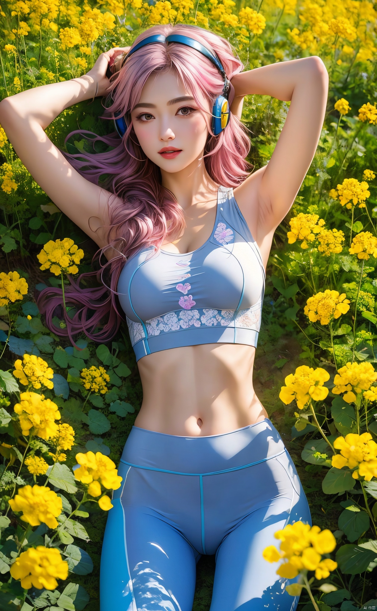  1 girl, (light gray yoga suit) , multi-colored hair, pink hair, butterfly headband, white electric sports headset, (rape flower) , sea of flowers, body, lie down, navel, white transparent skin, seen from above, represented by Hearts, decorated with blue hearts, using lots of hearts, using lots of blue hearts as background, using lots of yellow, using lots of yellow flowers, soft light, masterpiece, best quality, 8K, HDR,