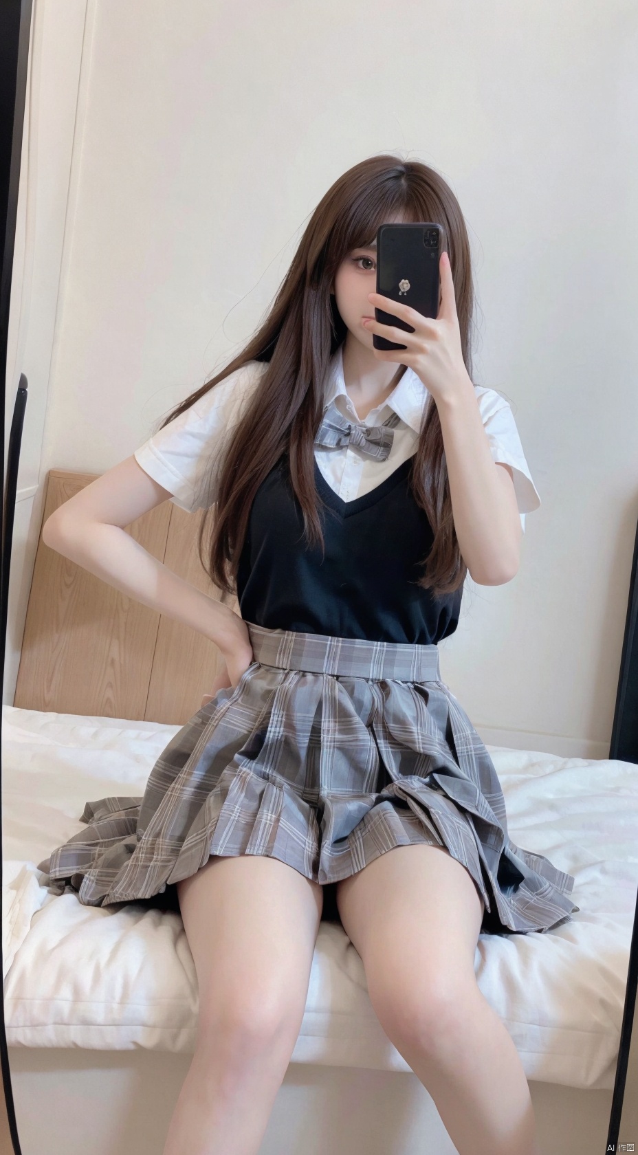 8K,Best quality, 1girl, xtt's body,A photo of oneself taken with a phone in front of a mirror,more details,white mask,full body,long wave hair,school uniform,Wearing blue Pleated skirt, wearing black pantyhose , sitting, ((Mobile selfie perspective)), shapely body,midnight, xtt, aki, spread legs_vagxxx