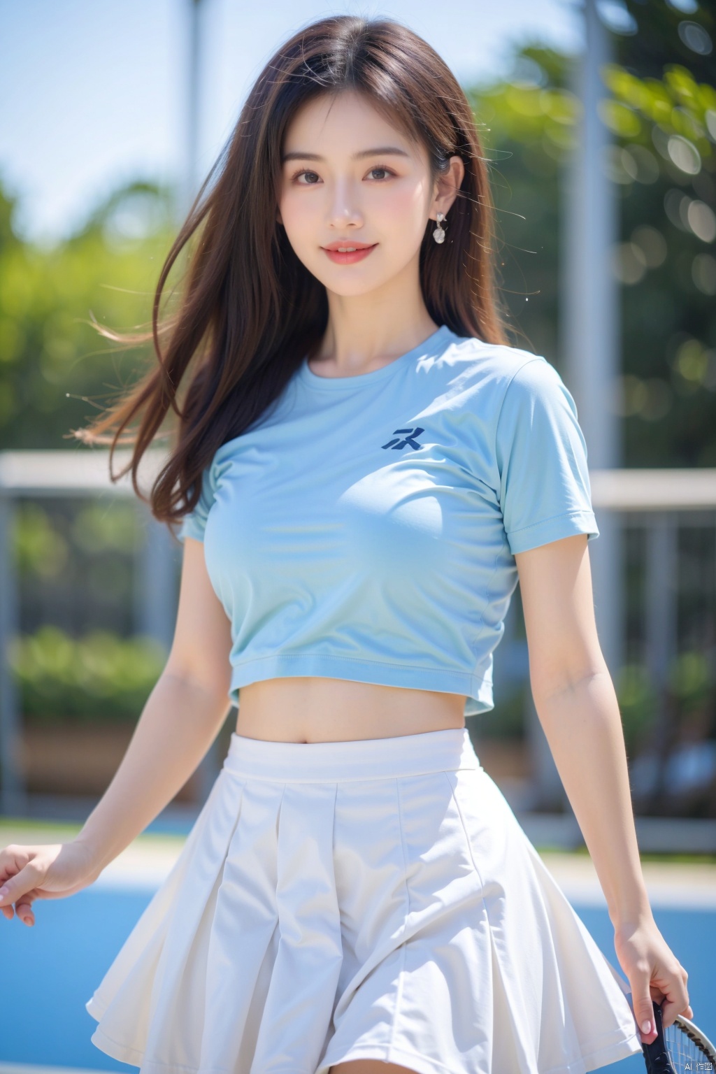  1girl,wangqiu,blue shirt,blurry , blurry background , lens flare , light rays , lips , looking at viewer, medium breast, short sleeves ,smile, solo , sportswear , standing , tennis court , uniform, white skirt , wind ,