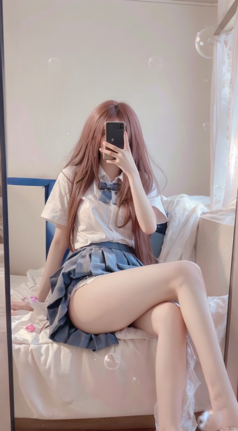  pink hair,(bubble:1.5),8K,Best quality, 1girl, xtt's body,A photo of oneself taken with a phone in front of a mirror,more details,white mask,full body,long wave hair,school uniform,Wearing blue Pleated skirt, wearing black pantyhose , sitting, ((Mobile selfie perspective)), shapely body,midnight, xtt, aki, spread legs_vagxxx, (\meng ze\)