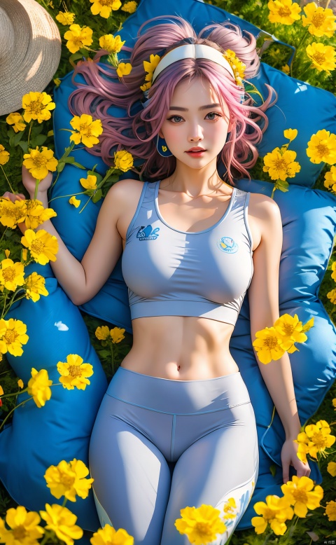  1 girl, (light gray yoga suit) , multi-colored hair, pink hair, butterfly headband, white electric sports headset, (rape flower) , sea of flowers, body, lie down, navel, white transparent skin, seen from above, represented by Hearts, decorated with blue hearts, using lots of hearts, using lots of blue hearts as background, using lots of yellow, using lots of yellow flowers, soft light, masterpiece, best quality, 8K, HDR,