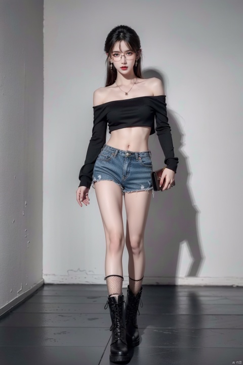  1girl,solo,navel,midriff,boots,looking at viewer,full body,jewelry,standing,earrings,off shoulder,black hair,nail polish,crop top,black footwear,fishnets,shorts, eyeglasses, , ((poakl))