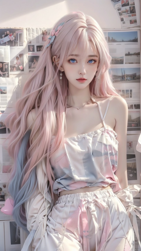  1girl,message hair,(oval face:1.2),lipgloss,the background is a white wall covered with newspapers and stickers,tiled background,(white_skin:1.4),indoor,roomi,the white wall,long hair,decorations,ribbon trim,neon,embellished costume,ornament,close_mouth,(happy_valentine:1.2),ornament,loose belt,(baby face:1.2),pose for the mirror,having a dual tone hair blend of light blue and light pink,(with long bangs covering one eye:1),eye_contact,glint,8k,masterpiece,best quality,Girl's face,makeup,fundoshi,mascara,(colored_eyelashes:1.1),,(The upper body includes the thighs:1.4), (((big breasts:1.2)))