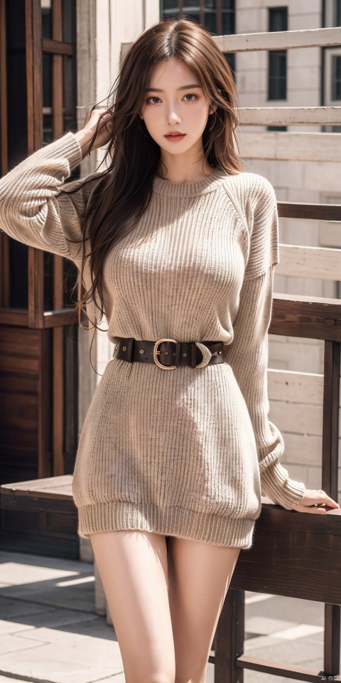  (Best Quality), (Masterpiece), (High Waist), Standing, Original, (Very Exquisite and Beautiful), Long Hair, Brown Eyes, (Sweater), High Horse Tail, Sweater, Blossoming Hair, Fluffy Hair, Floating Hair, (Sweater), (Solo), Bare Legs, my
