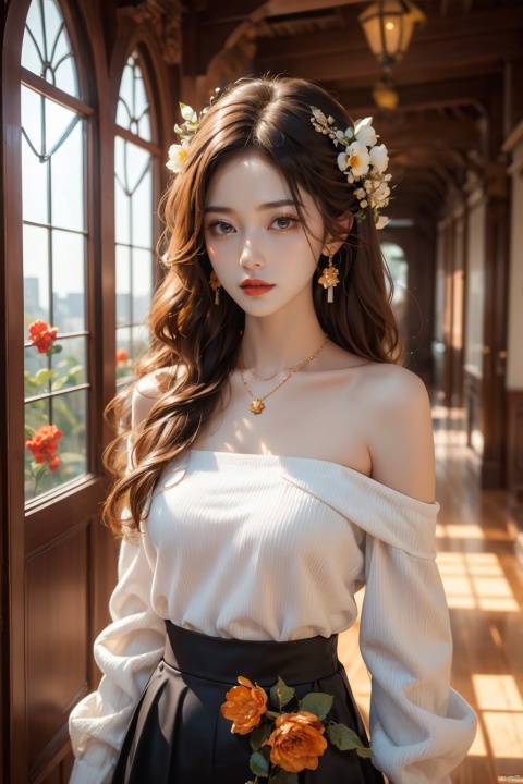  1 girl, jewelry, solo, earrings, long hair, forehead markings, black hair, necklace, bare shoulders, flowers, red lips, hair flowers, upper body, skirt, off shoulder, facial markings, head down, makeup, lips, candles, collarbones, long sleeves, tears streaming down, crying, Tyndall effect, 8k, large aperture, masterpiece of the century, sit, maple leaf, doorway, corridor, Sun on face, (\meng ze\)