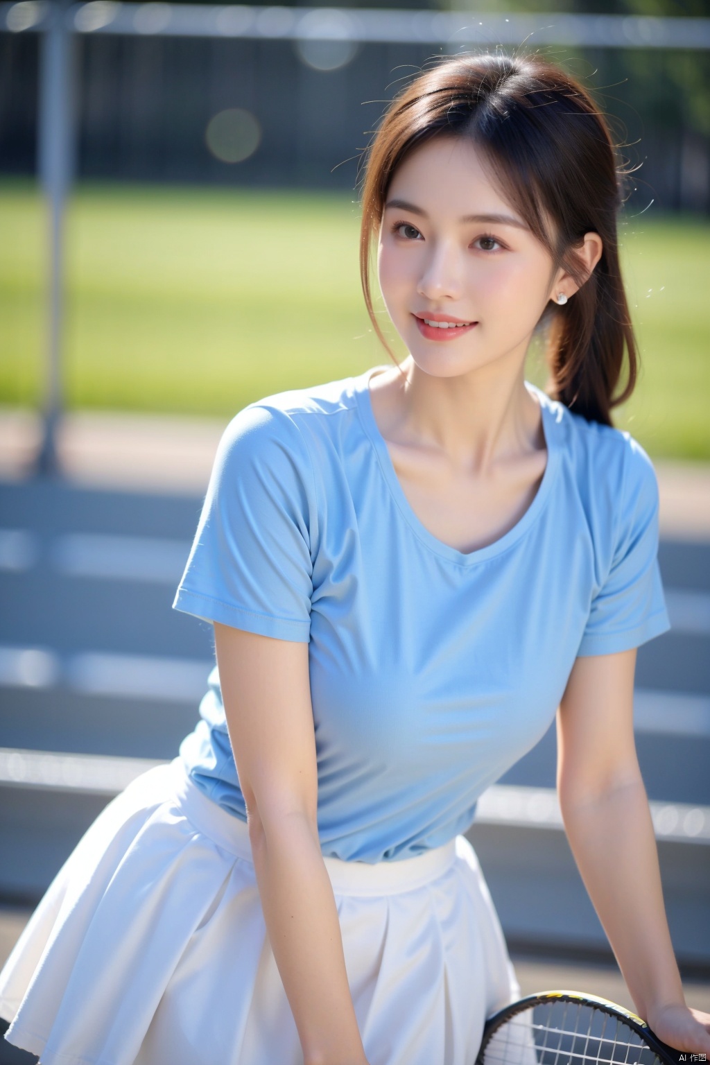  1girl,wangqiu,blue shirt,blurry , blurry background , lens flare , light rays , lips , looking at viewer, medium breast, short sleeves ,smile, solo , sportswear , standing , tennis court , uniform, white skirt , wind ,