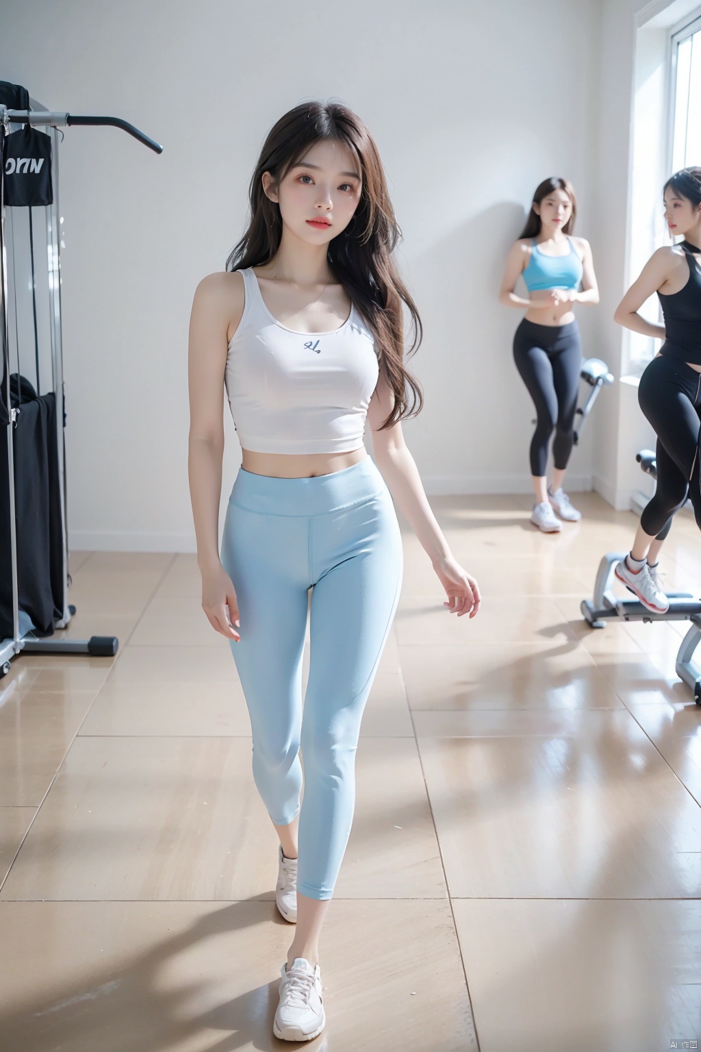  Masterpiece, a beautiful woman with slim figure, peerless appearance, long brown hair, wearing a white suspender skirt and light blue fitness pants, exercising in the gym, full body portrait, natural lighting, high quality, high details, (\shuang hua\)