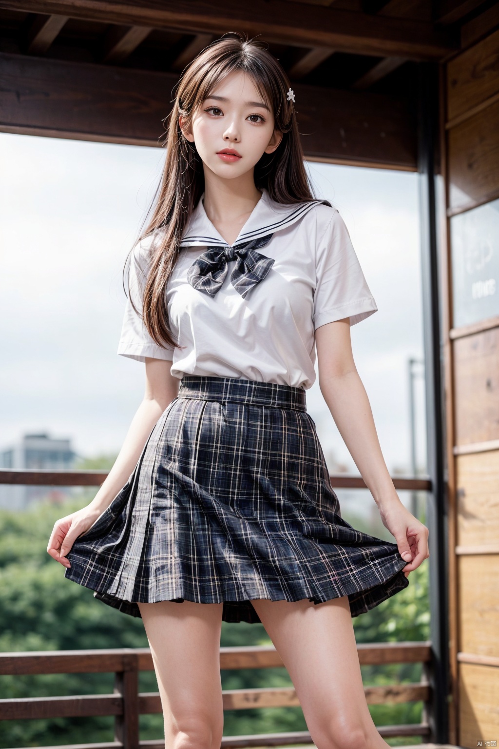  1girl, solo, long hair, skirt, shirt, black hair, bow, school uniform, standing,cowboy_shot, shoes, serafuku, socks, sailor collar, clothes lift, black footwear, plaid, skirt lift, white skirt, white socks, white sailor collar, skirt hold, head out of frame, loose socks, linzhiling