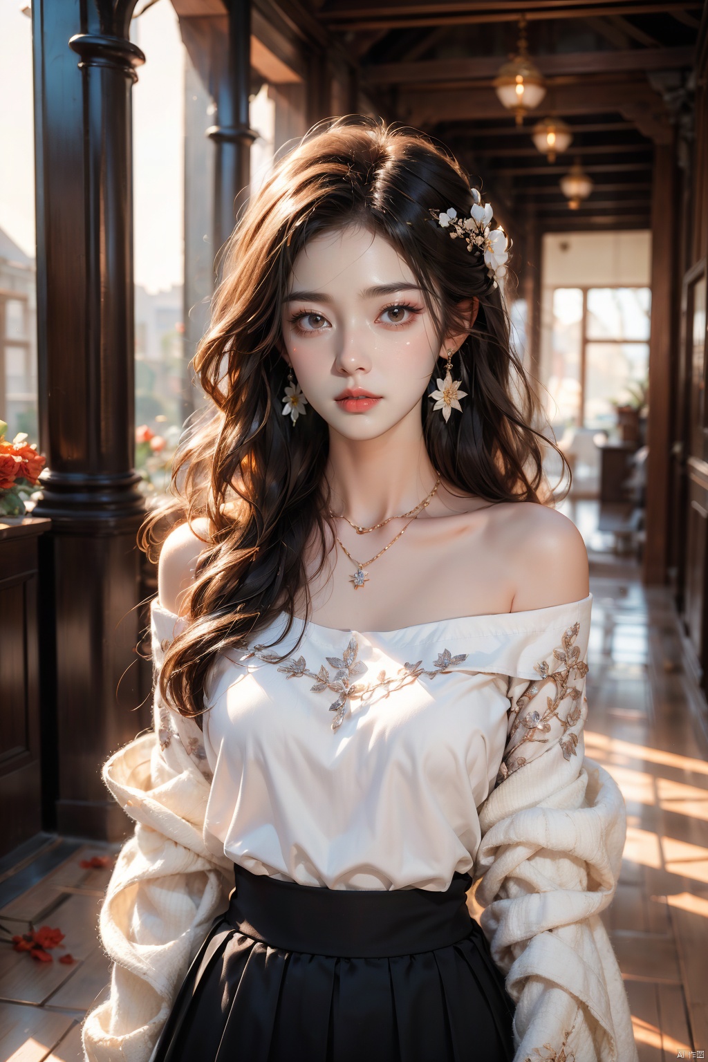  1 girl, jewelry, solo, earrings, long hair, forehead markings, black hair, necklace, bare shoulders, flowers, red lips, hair flowers, upper body, skirt, off shoulder, facial markings, head down, makeup, lips, candles, collarbones, long sleeves, tears streaming down, crying, Tyndall effect, 8k, large aperture, masterpiece of the century, sit, maple leaf, doorway, corridor, Sun on face, (\meng ze\)