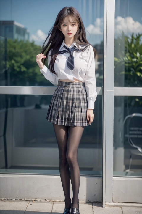  (Good anatomical structure),HDR, UHD, 8K, A real person , Highly detailed, best quality, masterpiece, 1girl, realistic, Highly detailed, (EOS R8, 50mm, F1.2, 8K, RAW photo:1.2), ultra realistic 8k cg,outdoor,school,campus,
 full_body,perfect body,shapely body,big boobs,
big breasts,perfect legs,
black pantyhose,feet,loafers, plaid skirt, black_footwear,school uniform,,looking_at_viewer,outside,xuner,black pantyhose,standing,wangyushan,