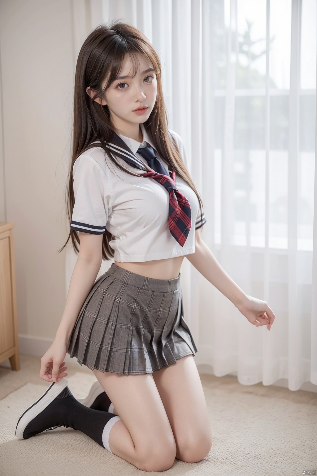  1girl, solo, long hair,naked,, black hair, school uniform, white shirt, short sleeves, thighs, pleated skirt, shoes, socks, indoors, bag, plaid, kneeling, plaid skirt, white socks,, brown skirt,,black shoes,wangyushan,uhd