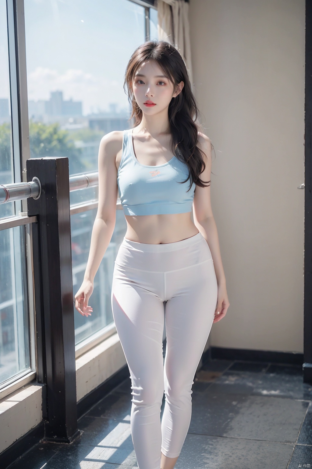 Masterpiece, a beautiful woman with slim figure, peerless appearance, long brown hair, wearing a white suspender skirt and light blue fitness pants, exercising in the gym, full body portrait, natural lighting, high quality, high details, (\shuang hua\)