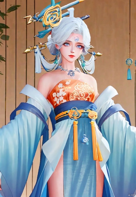 1girl, solo, looking at viewer, blue eyes, hair ornament, long sleeves, dress, bare shoulders, jewelry, white hair, necklace, facial mark, chinese clothes, forehead mark, hanfu, 1girl