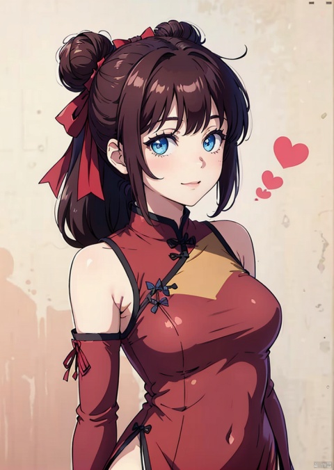 1girl, solo, long hair, breasts, looking at viewer, blush, smile, bangs, blue eyes, brown hair, dress, bow, ribbon, bare shoulders, closed mouth, hair ribbon, heart,
Unilateral ponytail,
A large chest,Wide chest,
Expose black underwear,Exposed underwear,
detached sleeves, hair bun, chinese clothes, single hair bun, pink dress,