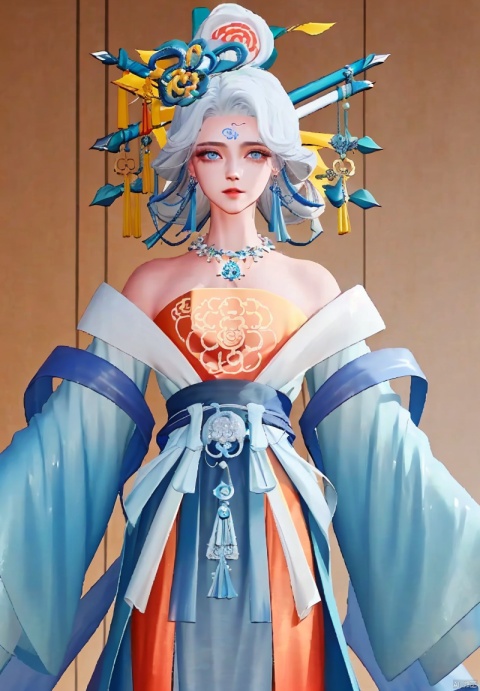 1girl, solo, looking at viewer, blue eyes, hair ornament, long sleeves, dress, bare shoulders, jewelry, white hair, necklace, facial mark, chinese clothes, forehead mark, hanfu, 1girl