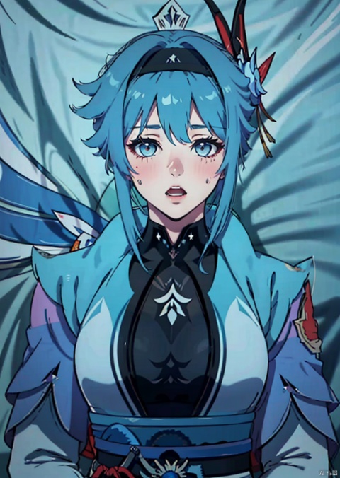 1girl, solo, breasts, looking at viewer, blush, open mouth, bangs, large breasts, hair ornament, gloves, long sleeves, blue hair, upper body, hairband, lying, necktie, on back, medium hair, sweatdrop, bed sheet, blue necktie, vision \(genshin impact\), eula \(genshin impact\)