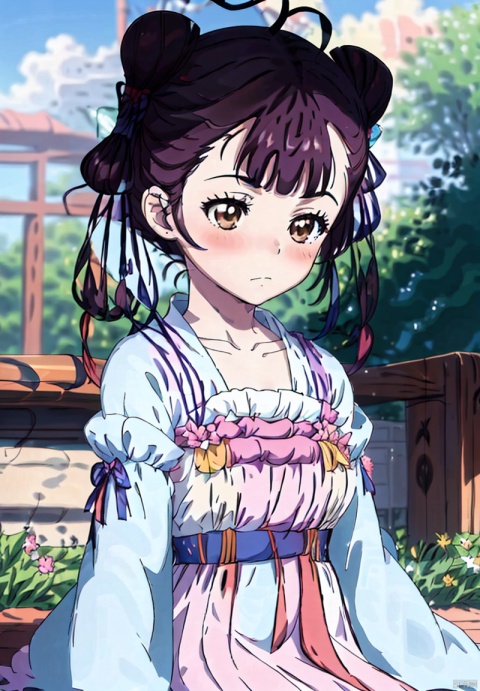 1girl, solo, blush, bangs, brown hair, long sleeves, ribbon, brown eyes, closed mouth, collarbone, ahoge, outdoors, sky, day, wide sleeves, hair bun, blurry, blue sky, looking to the side, double bun, 1girl,