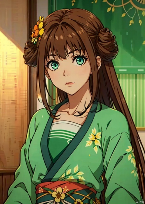1girl,A young girl,
large chest,large chest,
solo, long hair, looking at viewer,
green clothes,
bangs, brown hair, hair ornament, long sleeves, very long hair, closed mouth, green eyes, flower, hair flower, hair bun, sash, double bun,